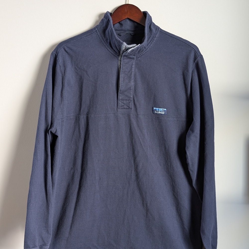 L.L. Bean Men's Large Navy Blue 100% Cotton Quarter Button Mock Neck Pullover